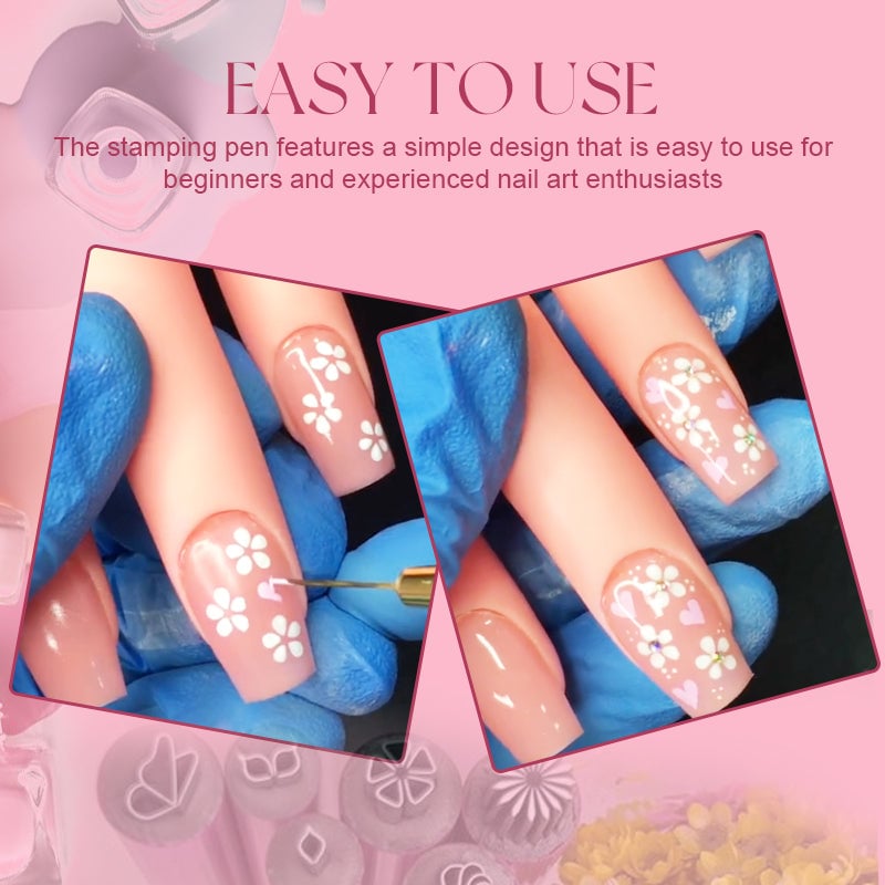 Soft pink nails decorated with detailed white floral stamp designs