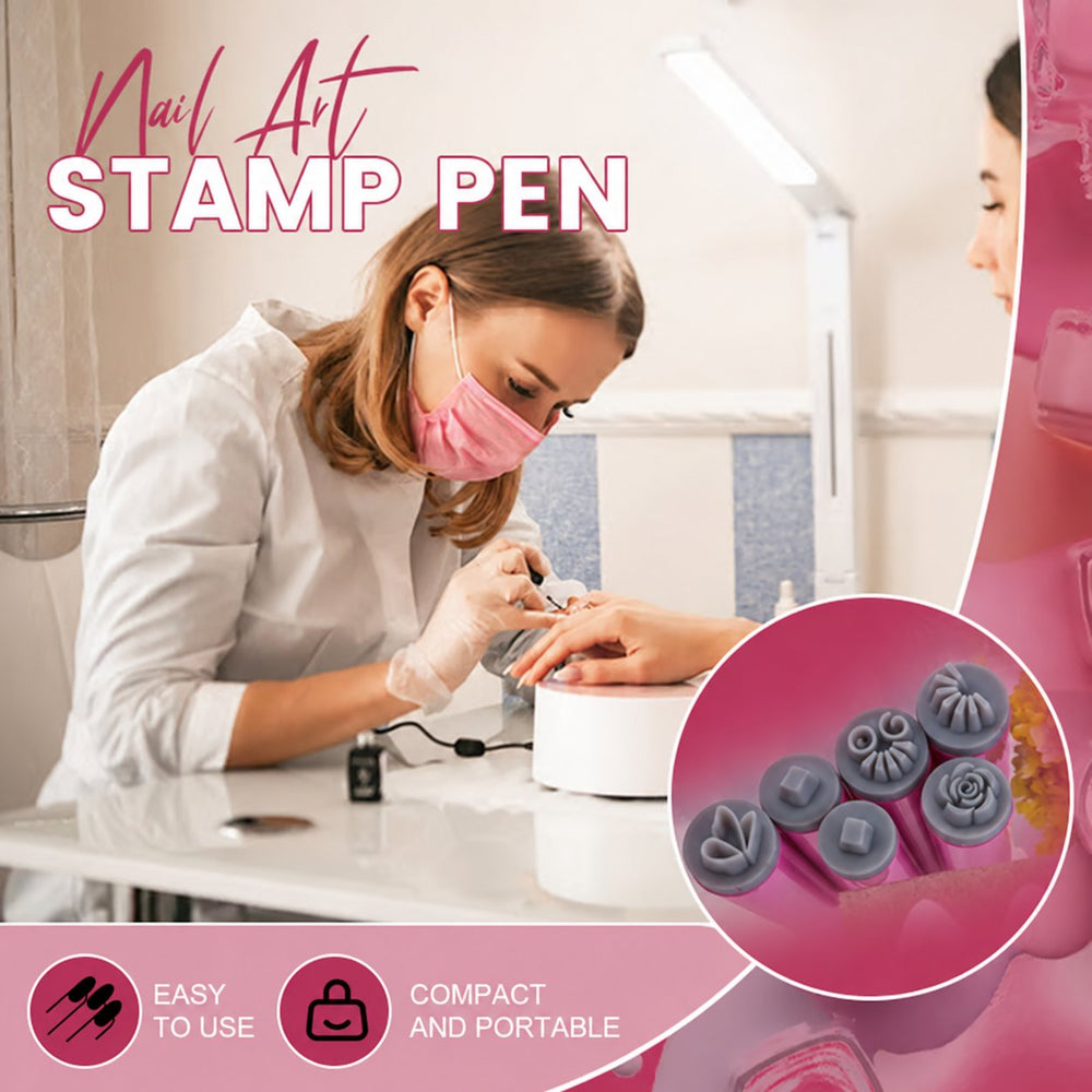 Nail art work showing pink manicures with white stamped flower designs