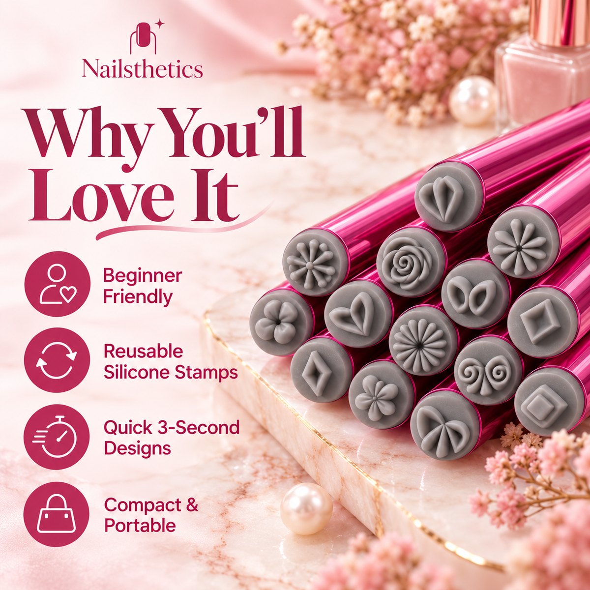 Why you'll love the Nailsthetics stamp pen: beginner friendly, reusable, quick and portable